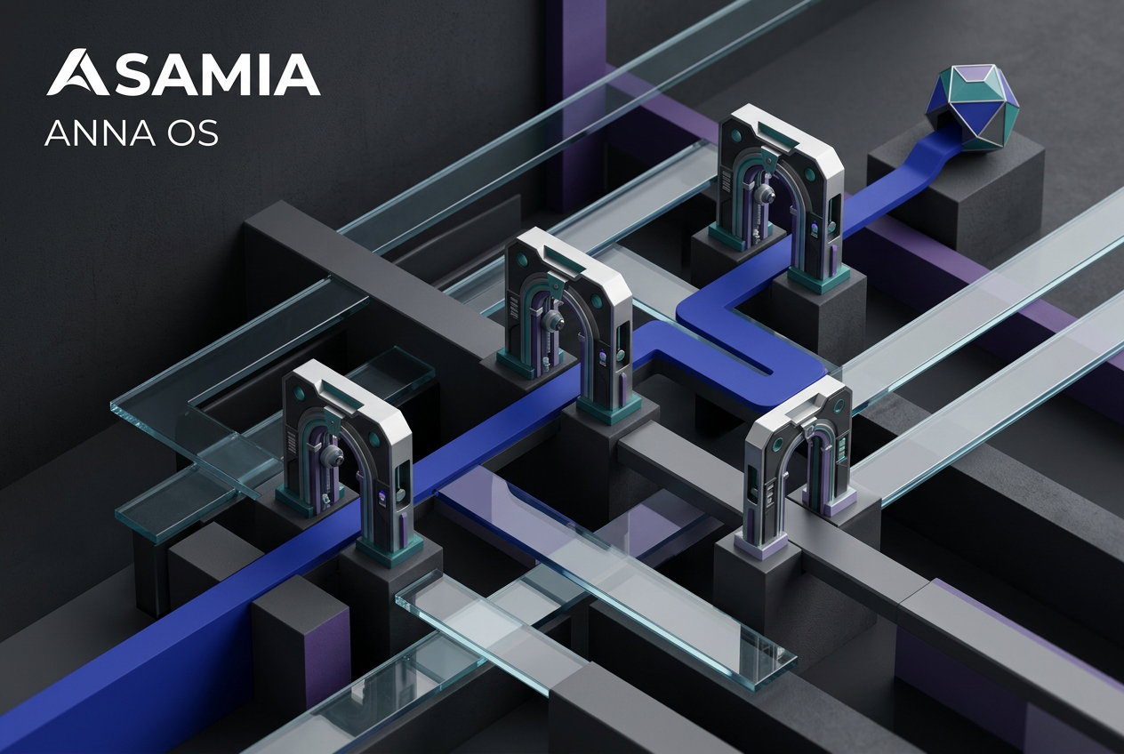 ASAMIA ANNA OS concept: a branching decision path passing review gates